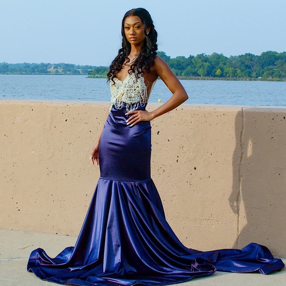 Beaded Midnight Blue Prom Dress